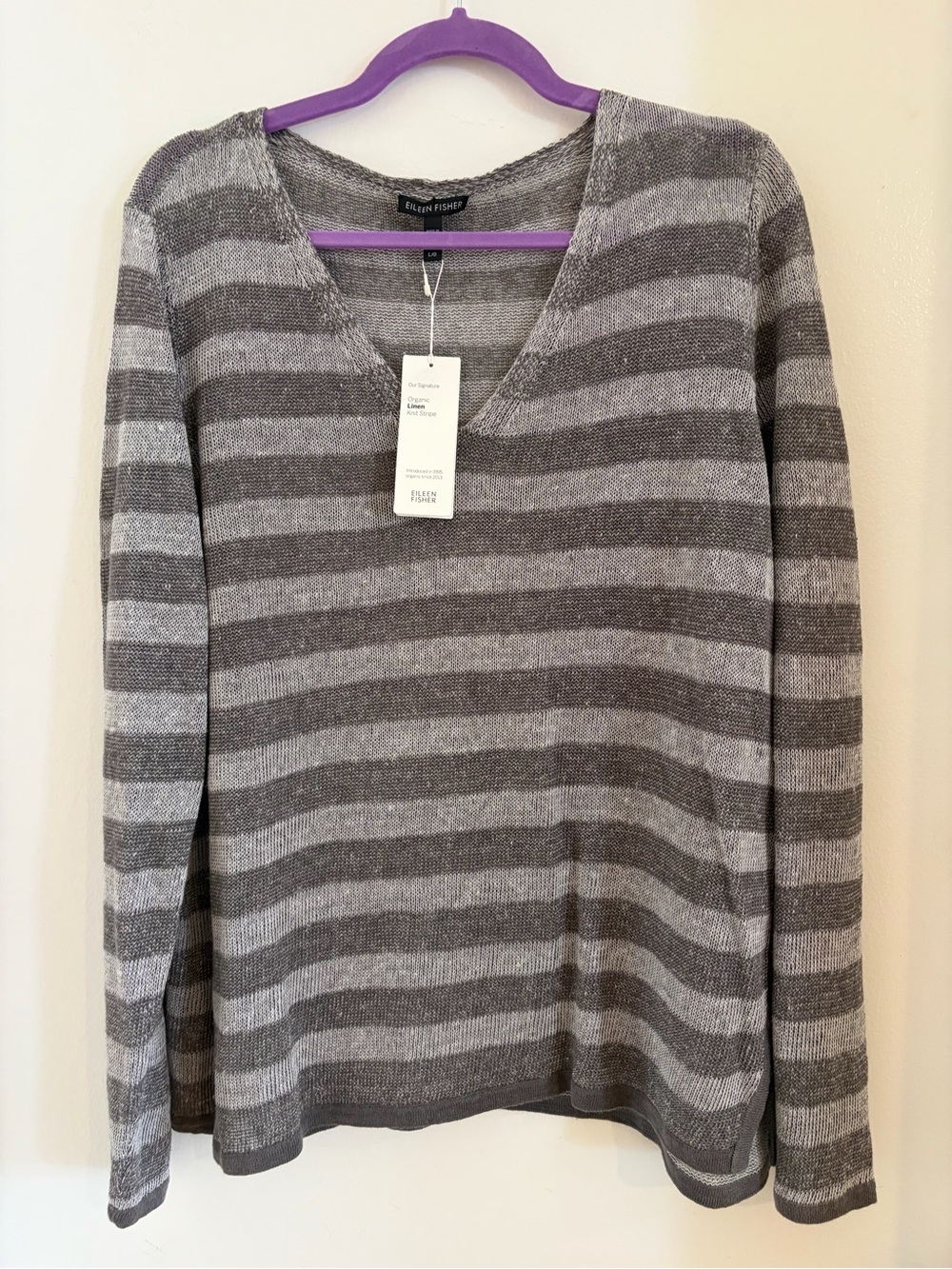 Eileen Fisher Striped V-Neck Sweater in Gray and Charcoal